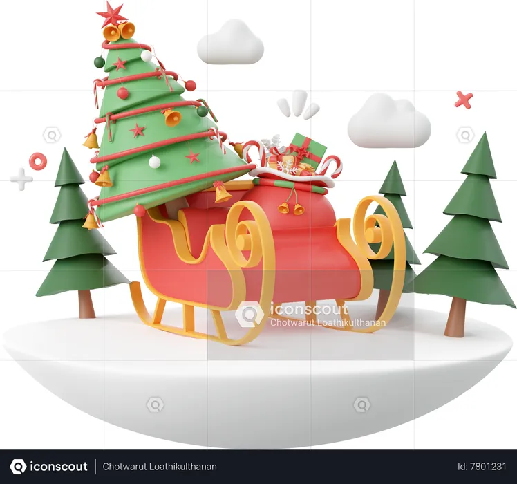 Sleigh With Christmas Tree  3D Icon