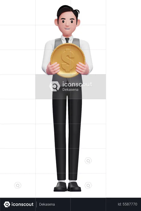 Smart boy in grey vest Holding Coin  3D Illustration