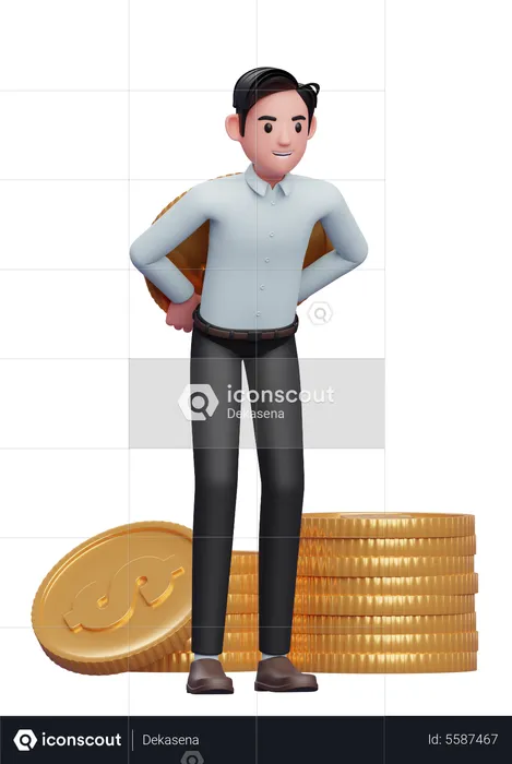 Smart Businessman in blue shirt carrying a giant coin on his back  3D Illustration