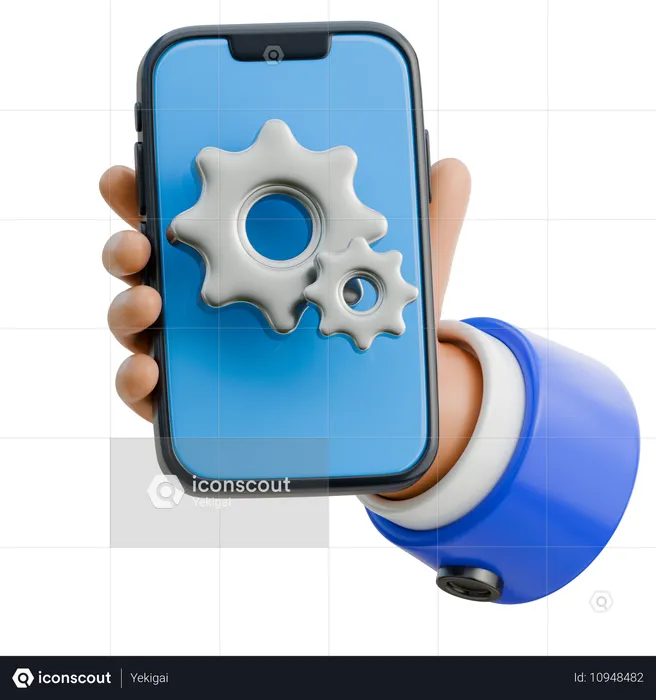 Mano sosteniendo un teléfono inteligente con un icono de engranaje de configuración  3D Icon