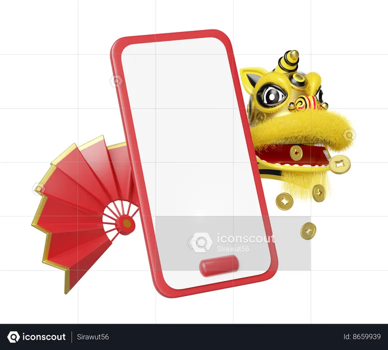 Smartphone With Lion Dance  3D Illustration