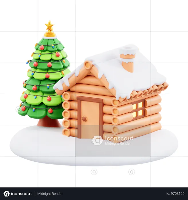 雪の家とクリスマスツリー  3D Icon