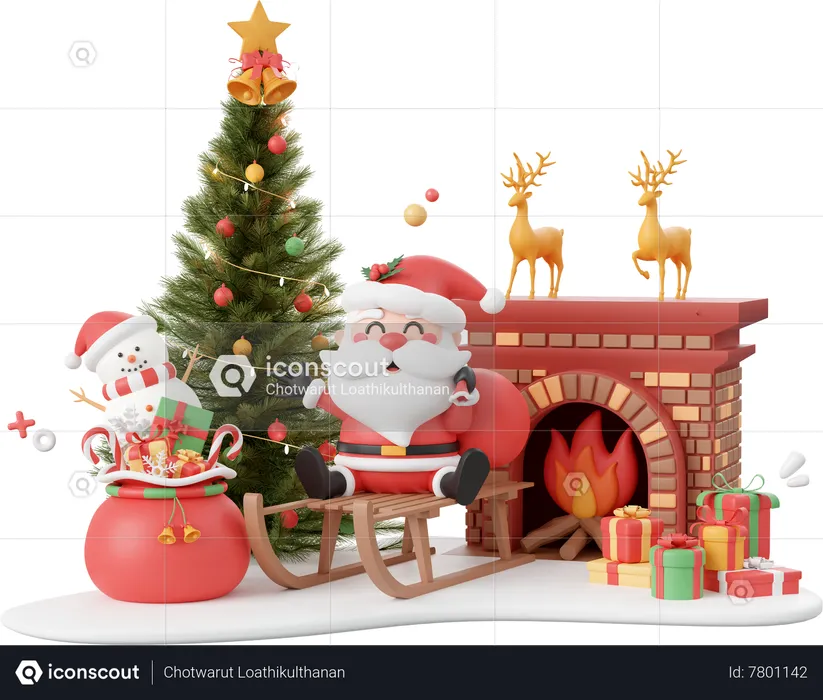Snowman And Christmas Tree  3D Icon