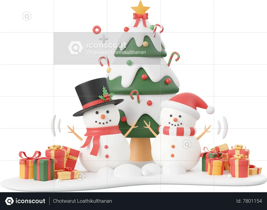 Snowman And Christmas Tree On Snow Ground  3D Icon