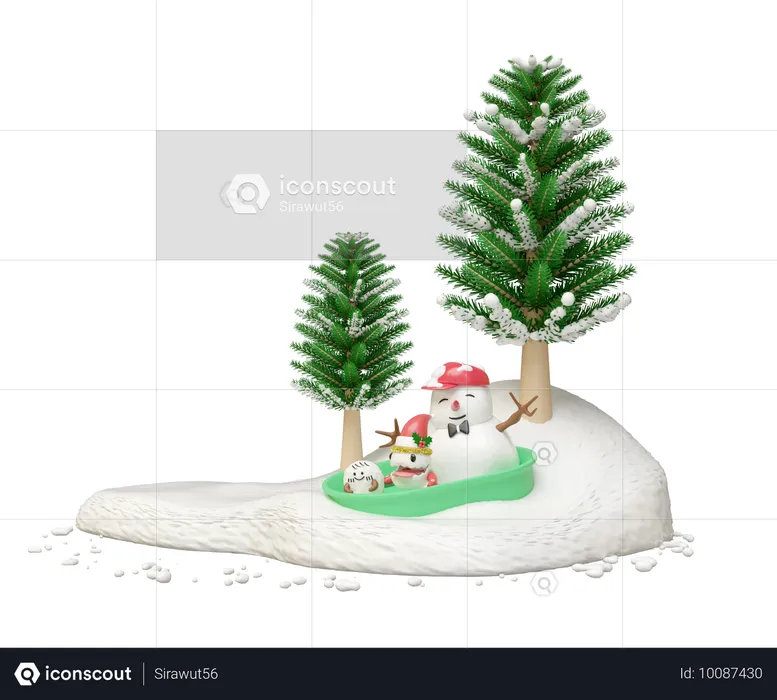 Snowman And Cute Monster Friends  3D Illustration