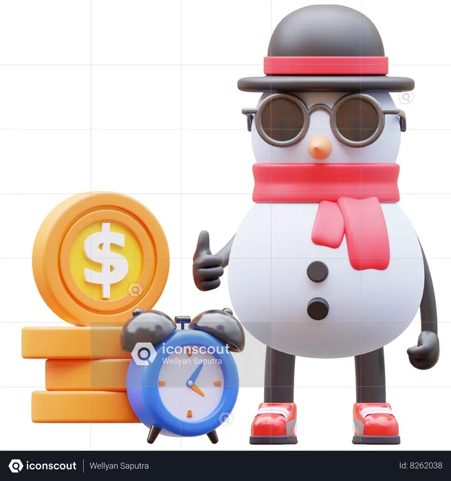 Snowman Character Time Is Money  3D Illustration