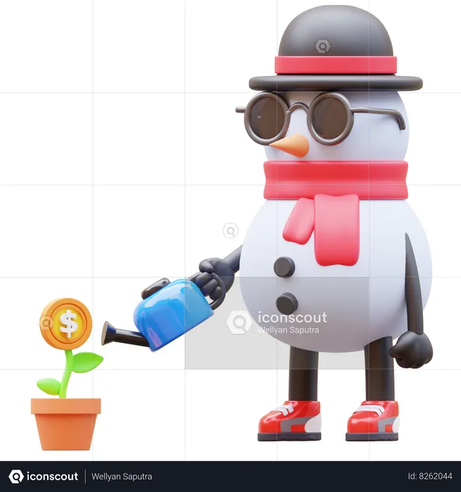 Snowman Character Watering Money Plant For Investment  3D Illustration