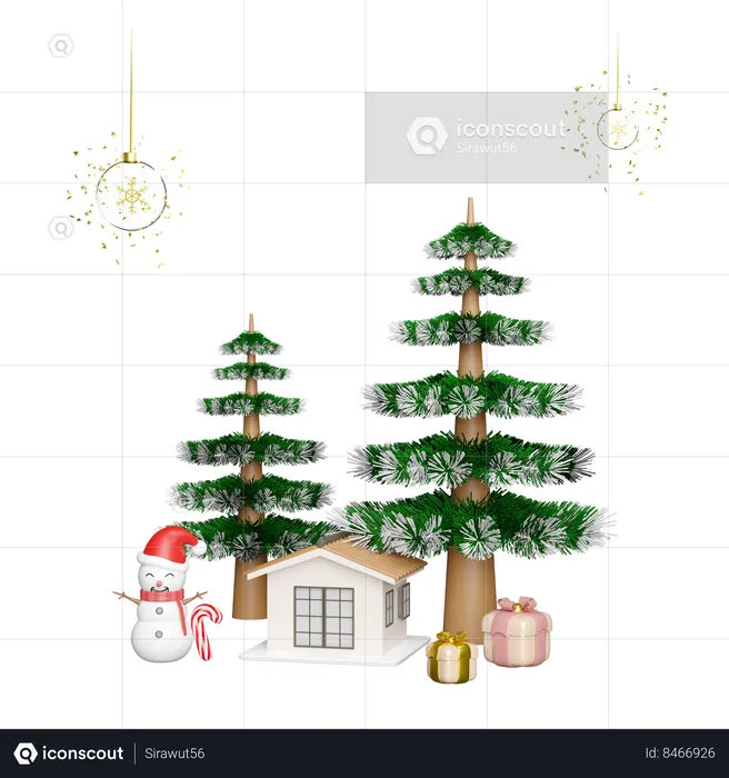 Snowman is standing near christmas tree  3D Illustration