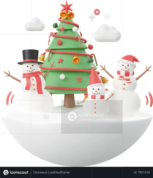 Snowman With Christmas Tree  3D Icon