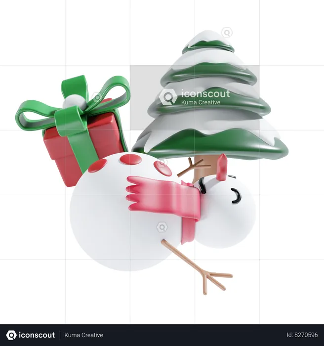 Snowman With Gift And Tree  3D Icon