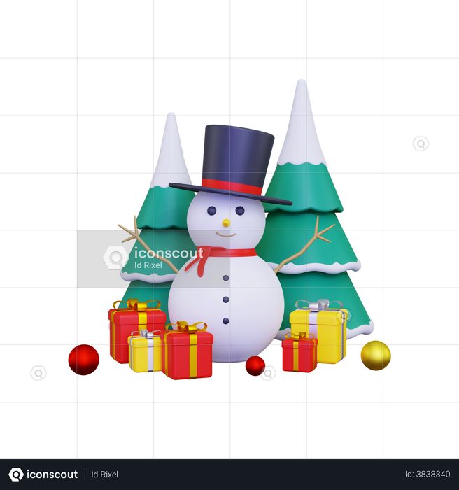 Snowman with gift box 3D Illustration