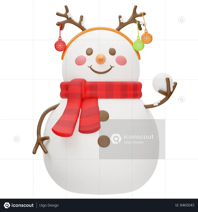 Snowman With Reindeer Headband Holding Snowball  3D Icon