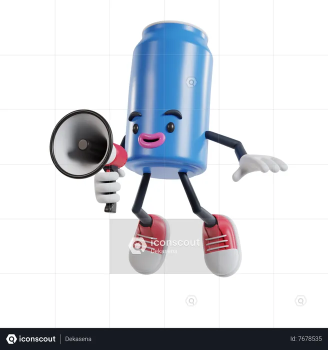 Soft drink can character announces with a megaphone while jumping up into the air  3D Illustration