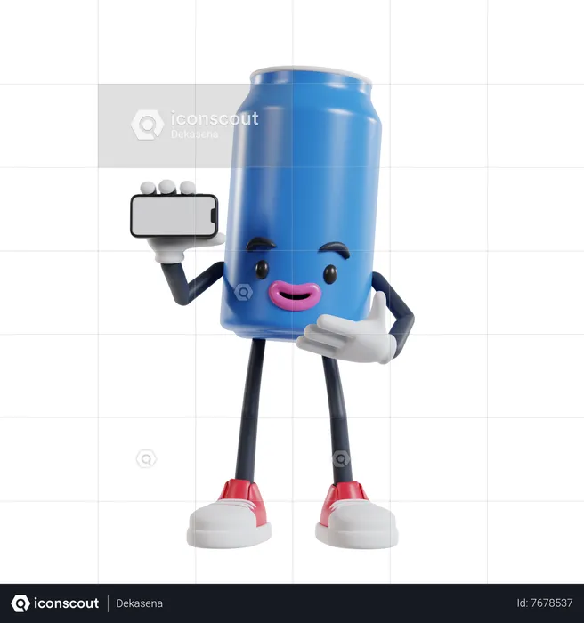 Soft drink can character presenting with a landscape phone screen  3D Illustration