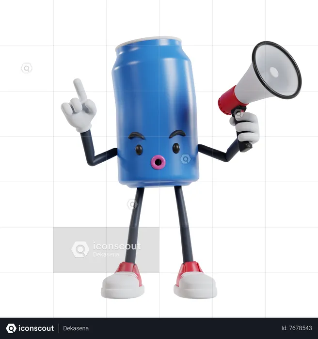 Soft drink can character raising finger as warning sign while talking using megaphone  3D Illustration