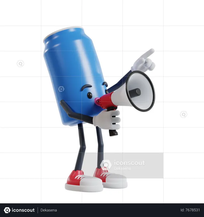Soft drink can character speak using a megaphone and point it to the top left  3D Illustration