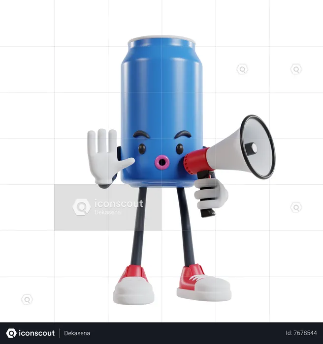 Soft drink can character striking a pose saying stop using a megaphone  3D Illustration