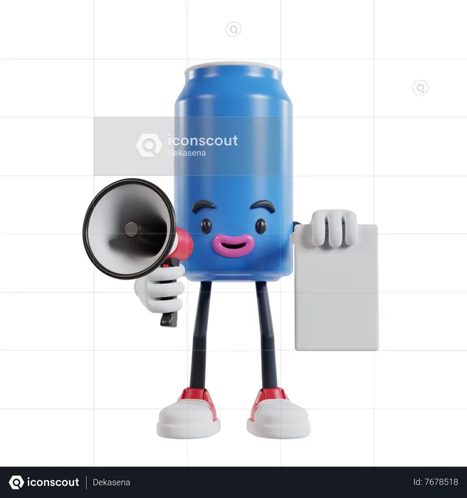 Soft drink can character talking into a megaphone while holding flyer paper  3D Illustration