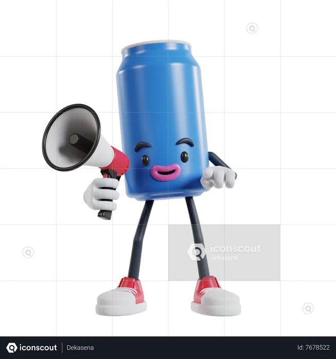 Soft drink cans holding a megaphone and pointing with index finger at the camera  3D Illustration