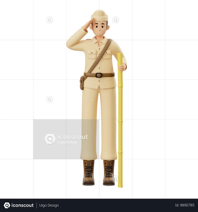 Soldier Salutes While Holding Bamboo  3D Illustration