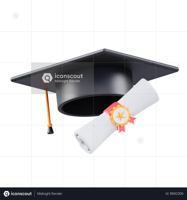 Sombrero de graduación y certificado  3D Icon