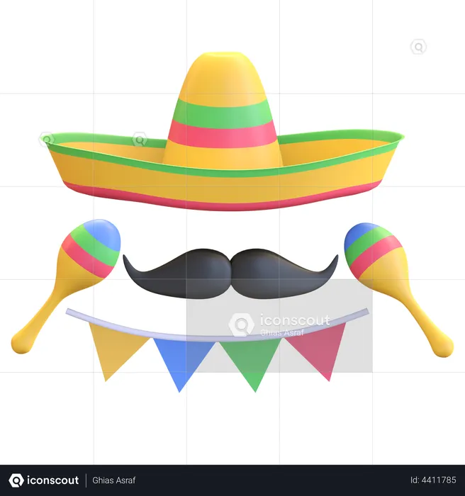 Sombrero hat and mustache  3D Illustration
