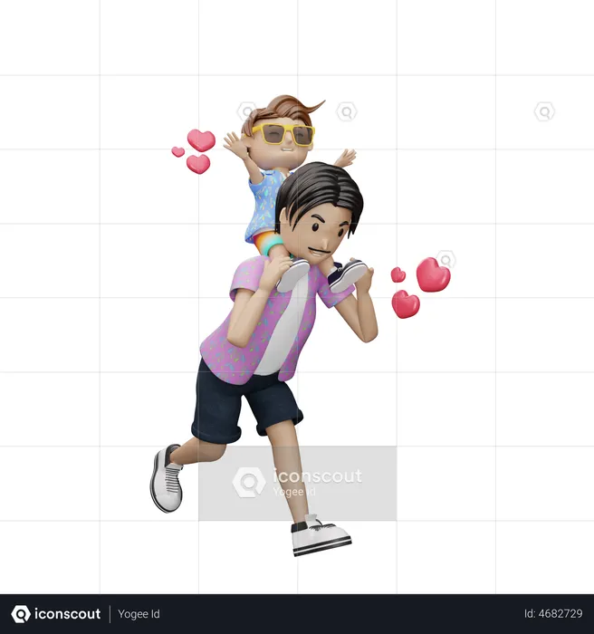 Son enjoying sitting on fathers neck  3D Illustration