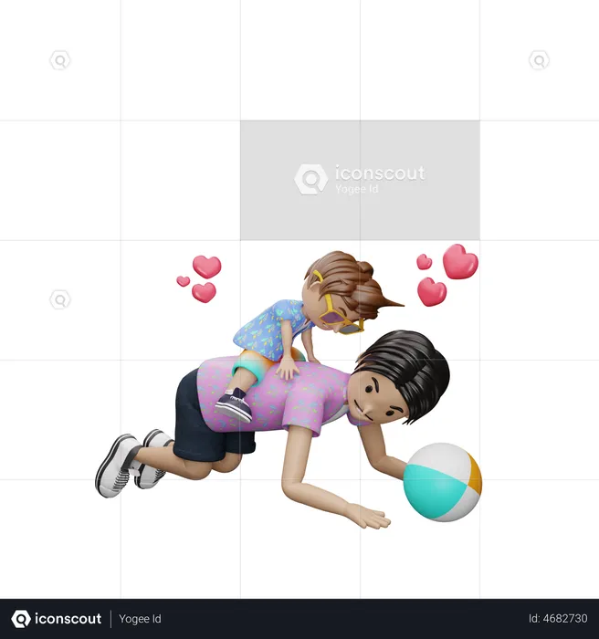 Son riding on fathers back  3D Illustration