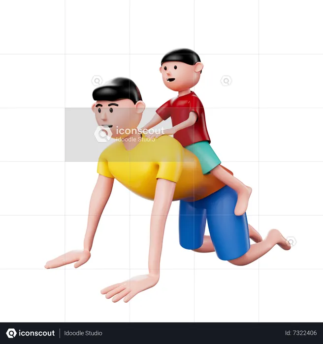 Son riding on father's back  3D Illustration