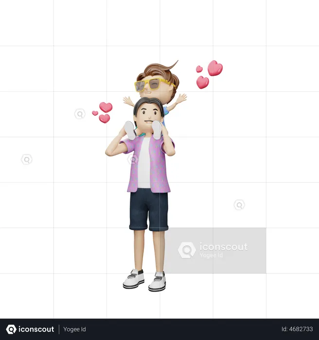 Son riding on fathers neck  3D Illustration