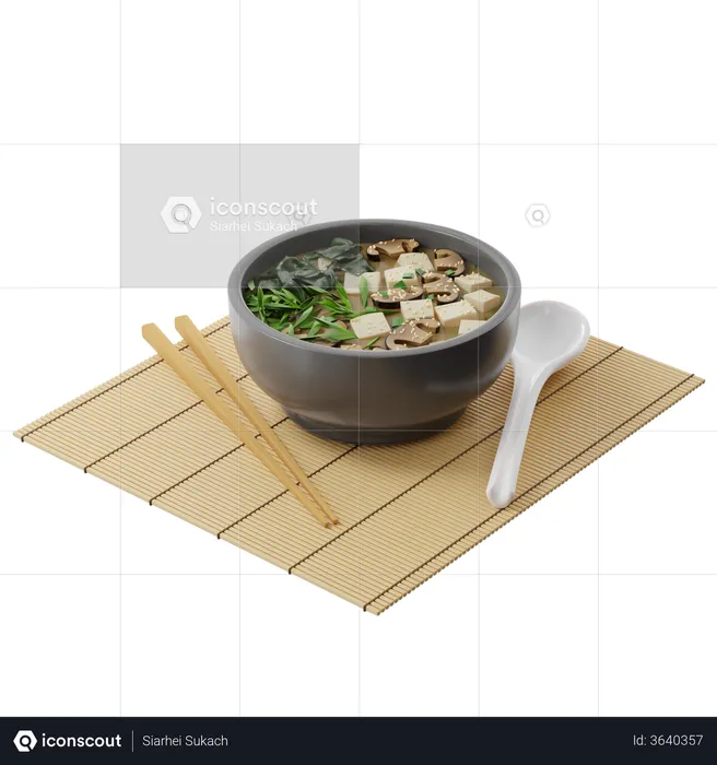 Sopa de miso japonesa con tofu shiitake wakame en un plato redondo  3D Illustration