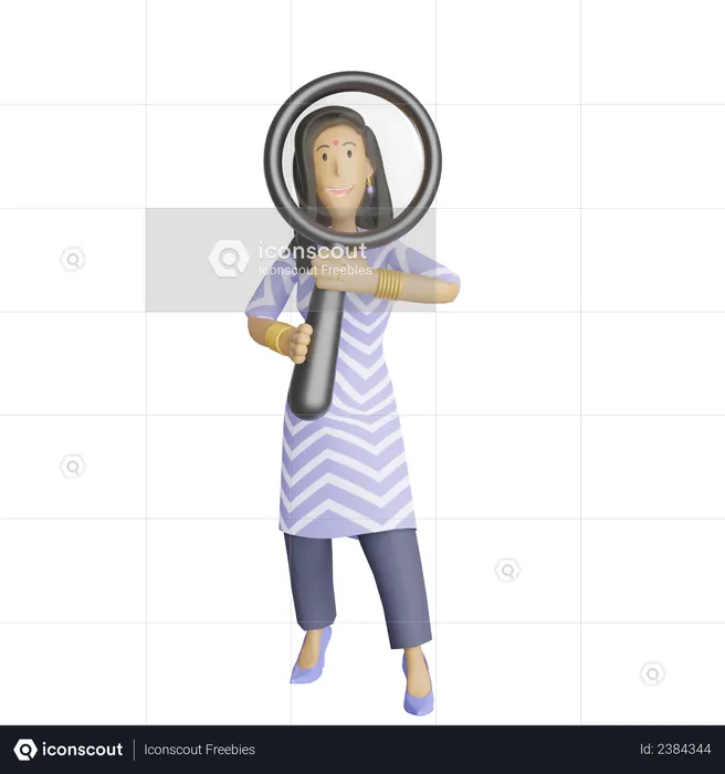 South indian business woman with magnifier  3D Illustration