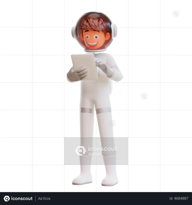 Spaceman Holding Tablet Device  3D Illustration