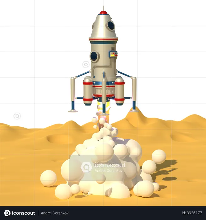 Spaceship Start From Moon Surface  3D Illustration