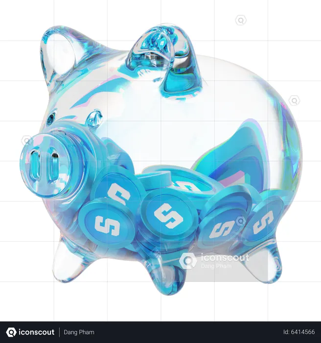 Sparschwein aus sandklarem Glas mit abnehmendem Stapel an Kryptomünzen  3D Icon