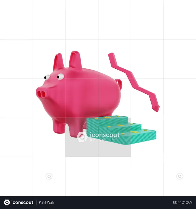 Sparschwein mit Investment-Dollar-Banknoten nach unten  3D Illustration