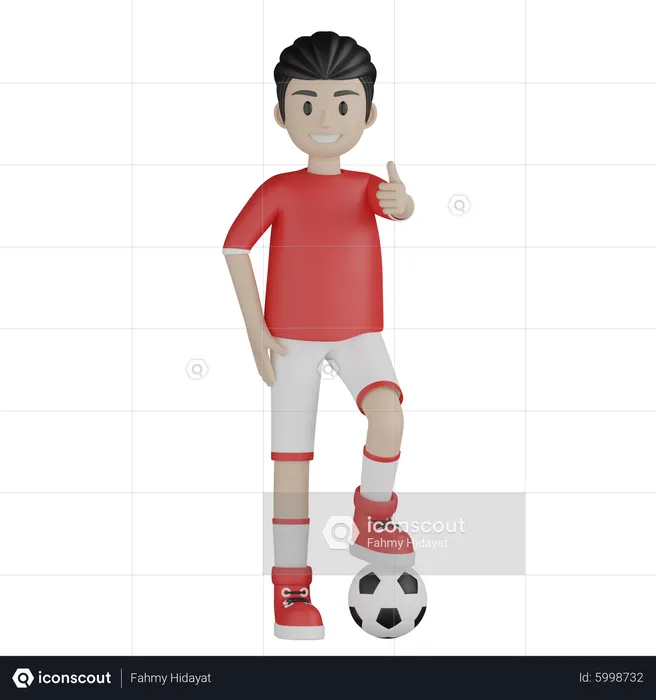 Sport boy showing thumb up and get ready for kicking football  3D Illustration