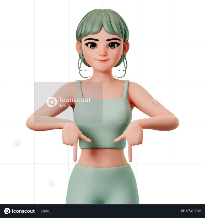 Sport Girl Pointing To Down Side Using Both Hand  3D Illustration