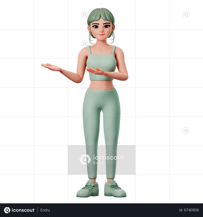Sport Girl Presenting To Left Side Using Both Hand  3D Illustration