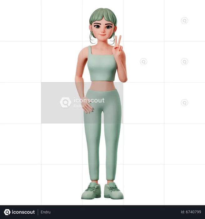 Sport Girl Showing Peace Gesture Using Right Hand  3D Illustration