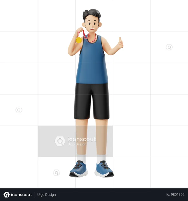 Sports Man Holding Medal  3D Illustration