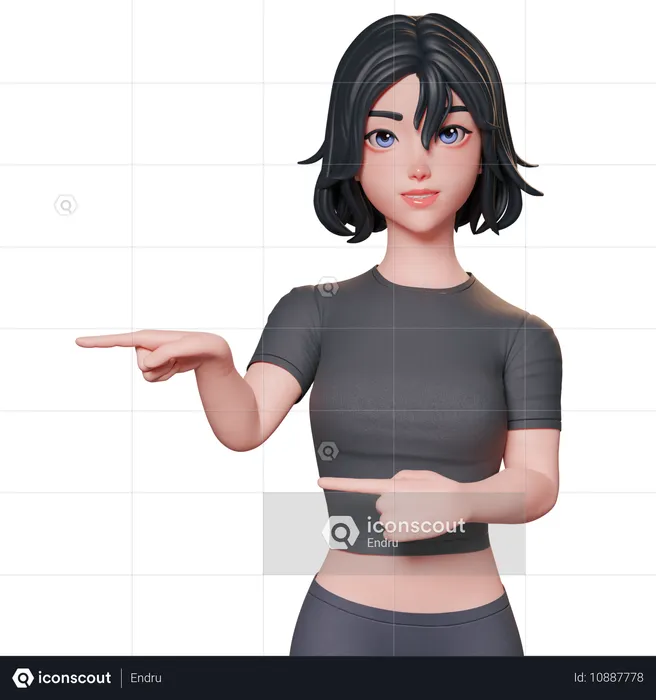 両手を使って左側を指している黒い服を着たスポーティな女の子  3D Illustration