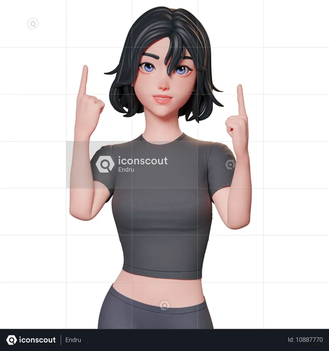 Sporty Girl In Black Pointing Up Using Her Both Hands  3D Illustration