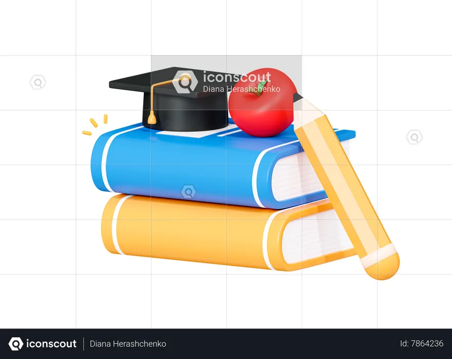 Stack Of Books With Graduation Hat And Apple  3D Icon