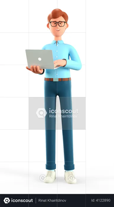 Businessman working on laptop while standing  3D Illustration