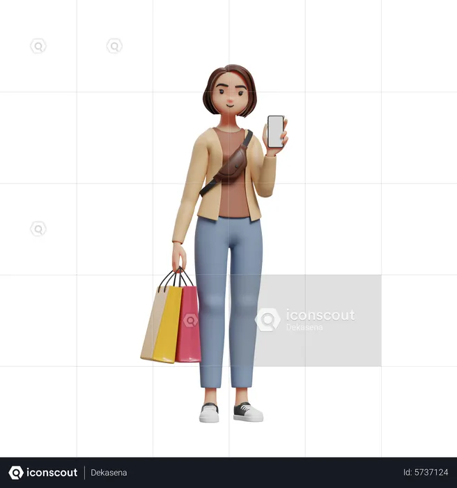Standing woman holding shopping bags and showing mobile screen  3D Illustration