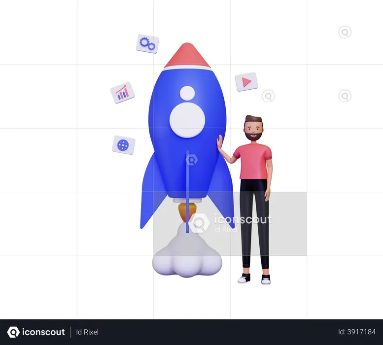 Startup life with a man standing next to a rocket  3D Illustration