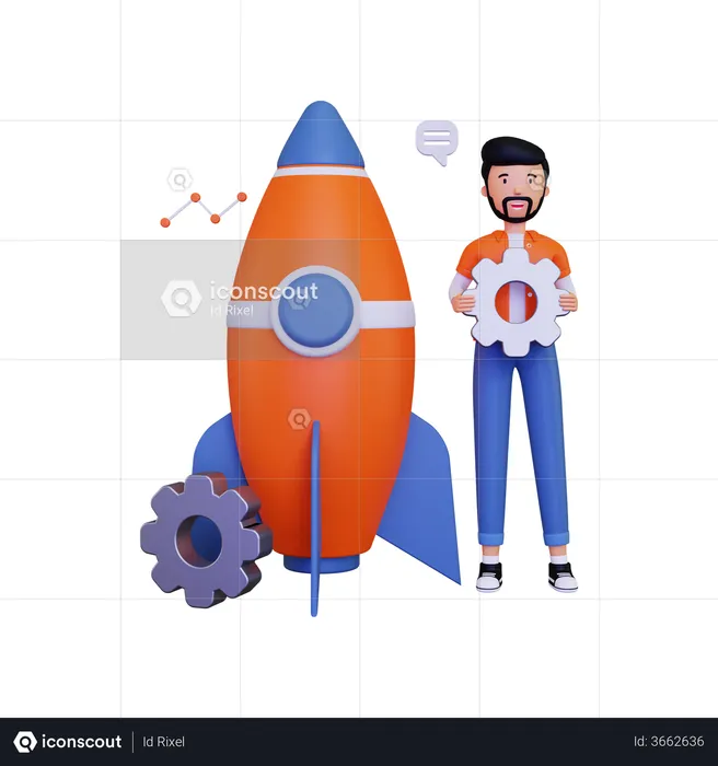Startup with a business character holding a gear  3D Illustration