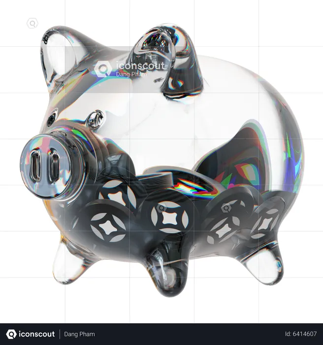 Stg-Sparschwein aus klarem Glas mit abnehmendem Stapel an Kryptomünzen  3D Icon