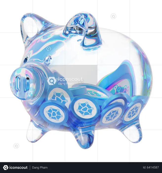 Storj – Sparschwein aus klarem Glas mit abnehmendem Stapel an Kryptomünzen  3D Icon